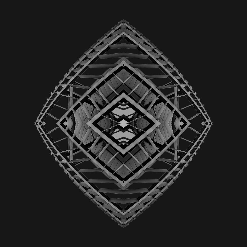 An abstract black and white image in the shape of a shield made from a modern architectural building, reflected both horizontally and vertically to create a perfectly symmetrical pattern.