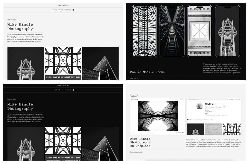4 screenshots of a black and white photography portfolio website.