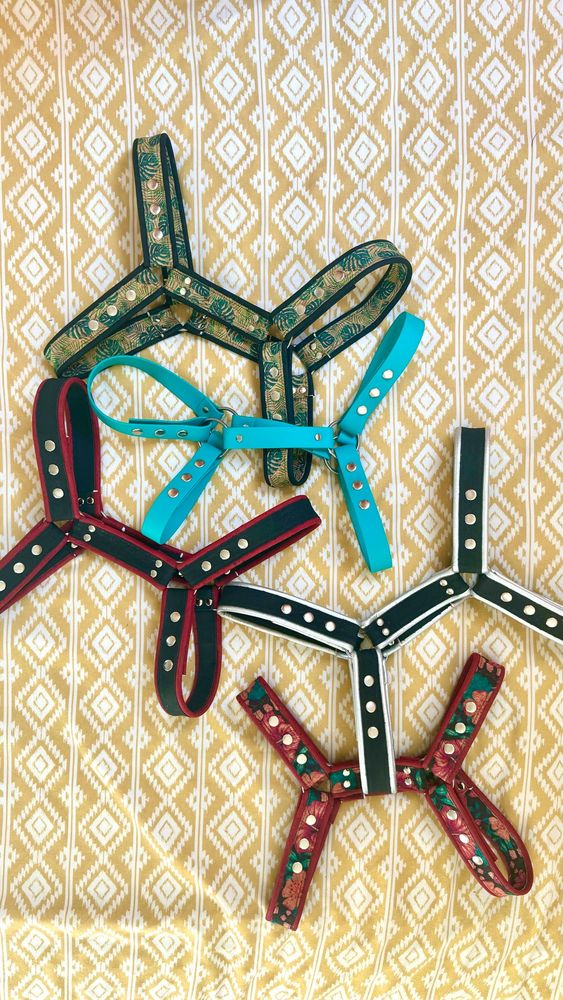 A picture of 5 handmade harnesses on a yellow background. Featuring 4 vegan leather bulldog harnesses made of black, red and silver cork fabric, one with a colourful floral pattern and one with a green monstera print. An aquamarine biothane harness is also featured. Each harness showcases silver metalware, and are hand assembled by yours truly 🫡
