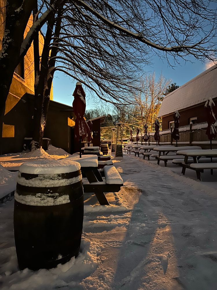 Partially shoveled beer garden in early morning light with snow cover.