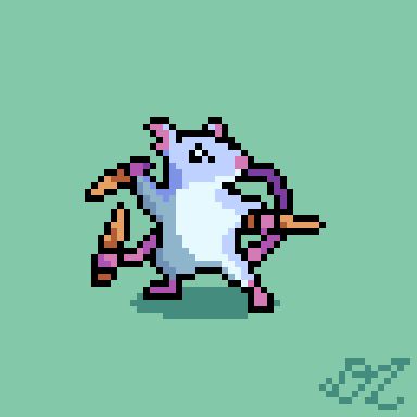 Pixel art of a rat standing on twos, holding two wooden spikes, and third spike held by the tail.
