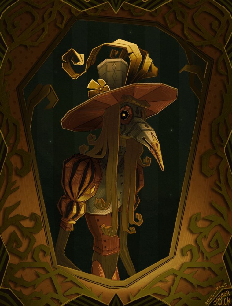 Digital art by jabberwick. A long-haired figure in a wide brim hat adorned with flowers and feathers, wears a long, beak-like mask. They are framed with a border that is overrun with tangled, prickly vines. The image is warm toned and autumnal.