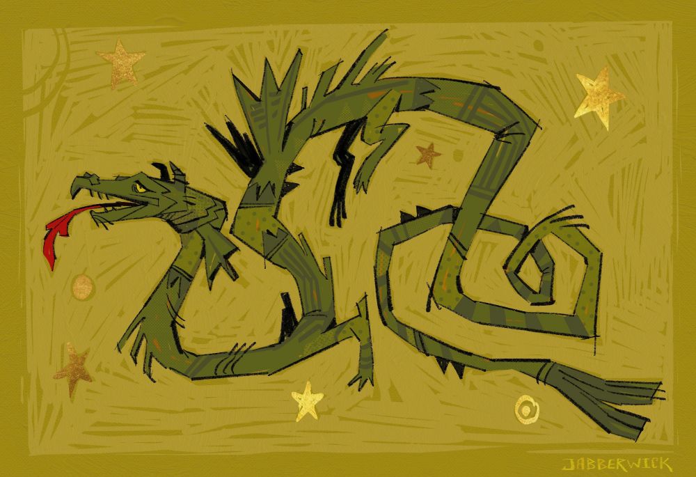 a simple illustration of a long wyrm. it is green with a red tongue, and is surrounded by little golden stars on a sketchy backdrop