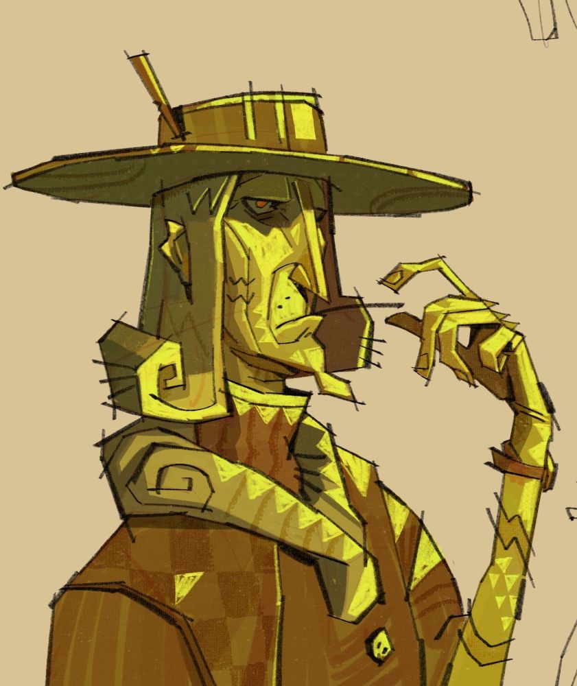 digital art by jabberwick. A thin man with shoulder-length hair wears a flat top widebrim hat, a turtleneck and an overcoat. He squints into the sun, his eyes shadowed by the hat. He has a piece of grass in his mouth, which he reaches for with a slender hand.