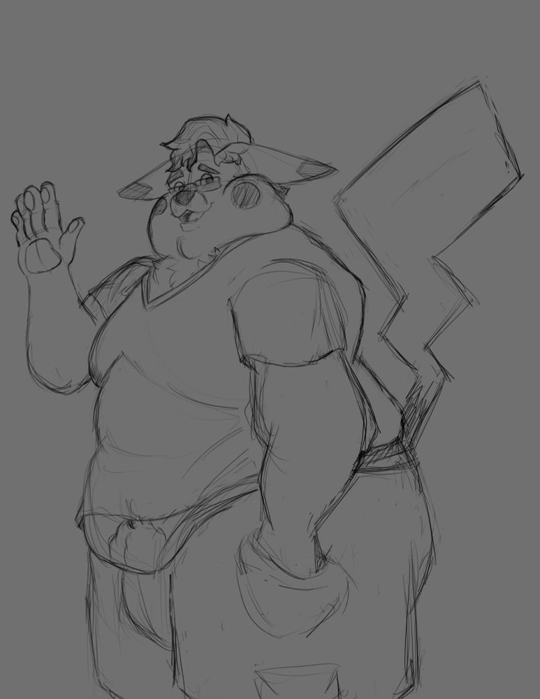 An anthropomorphic Pikachu waving at the camera awkwardly with his other hand in his pocket 