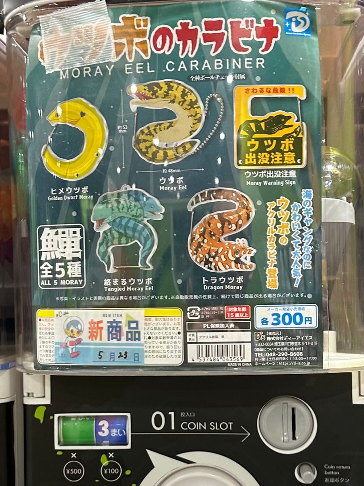 Gashapon machine selling a range of carabiners shaped like different species of moray eel.
