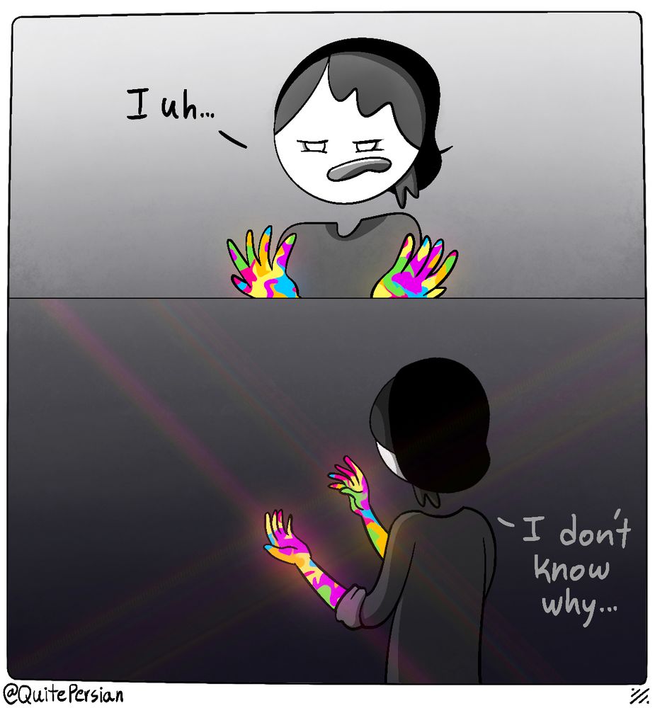Artists depiction of the previous chart, with all the emotions bunched up in their hands and forearms. All the colours are swirling and glowing together. Artist says “I uh… I don’t know why…” while staring at their glowing hands.