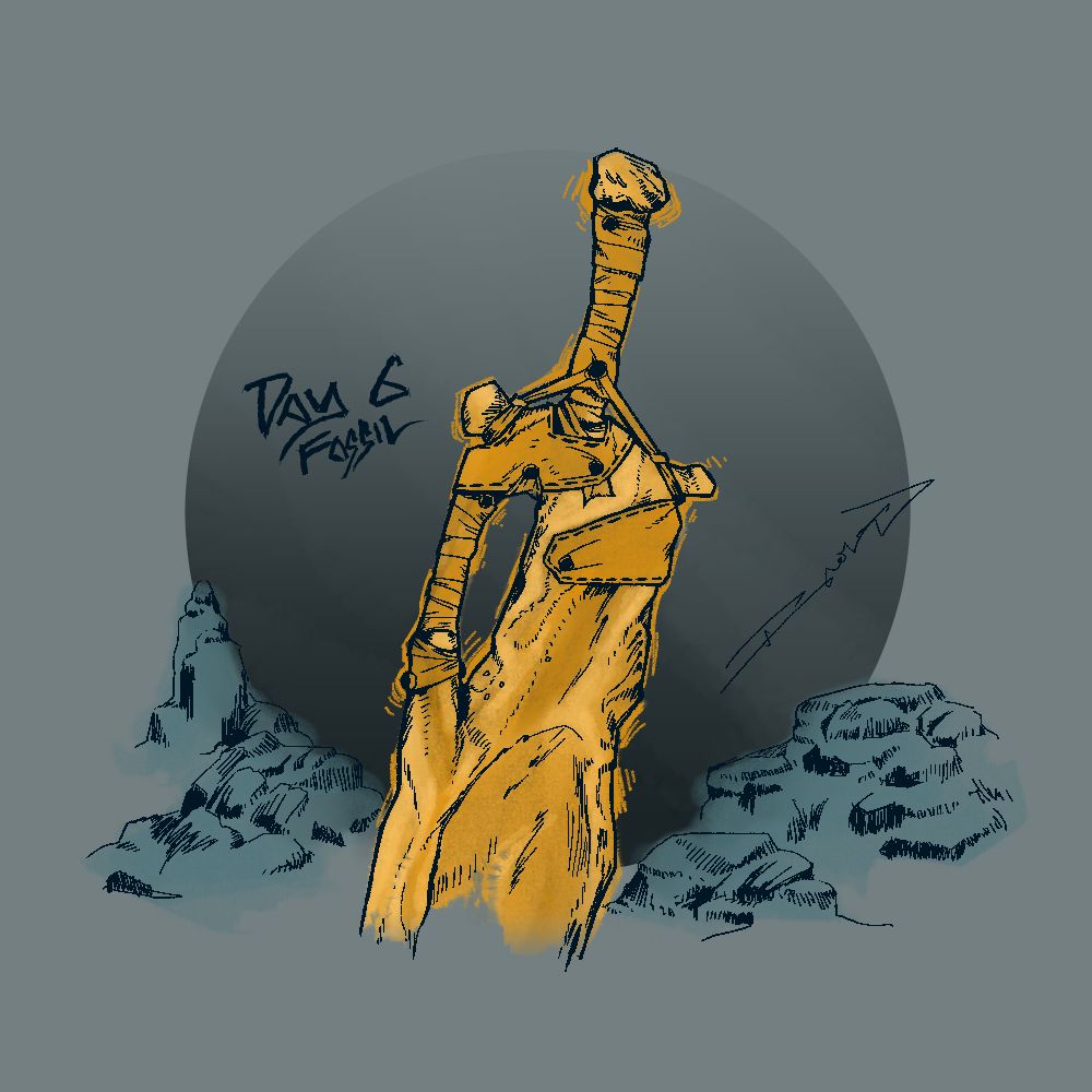 Vague shapes of stone crowd surround a weapon in the darkness. Fabrics wrap around the makeshift sword of bone that stands upright in the darkness.