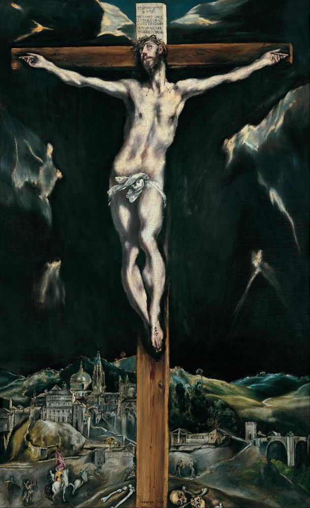 Cuadro rectangular en formato vertical con un primer plano de Jesús crucificado ante un cielo oscuro con nubarrones grises y un paisaje en el tercio inferior con edificios y varias figuras, algunas a caballo. La cruz tiene forma de T y está coronada por un cartel con una larga inscripción. La figura de Jesús es muy alargada y está retorcida, con la cadera movida hacia la izquierda respecto al tronco. Tiene los ojos abiertos y mira hacia arriba.