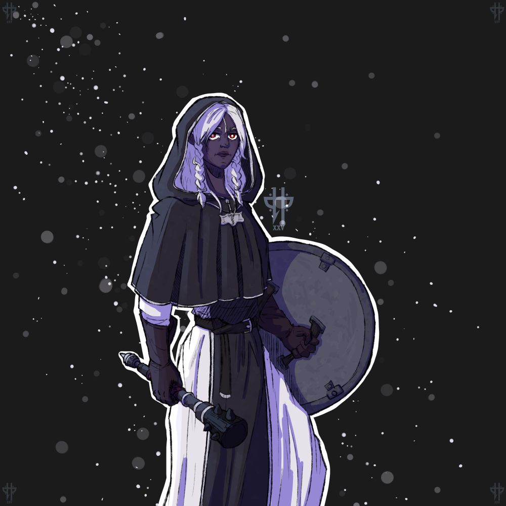 Alexandra — Drow Grave Cleric for u/OmegaGuerri. 

Alexandra is a Drow with dark grey skin, red eyes and long white hair that has been partially braided from the sides of her face. She wears the hooded dark grey, black, and white robes of Kelemvor. Her cloak is a short, hooded mantle around her shoulders. In her hands are a simple mace and shield. Her robes are not fancy in any way. 