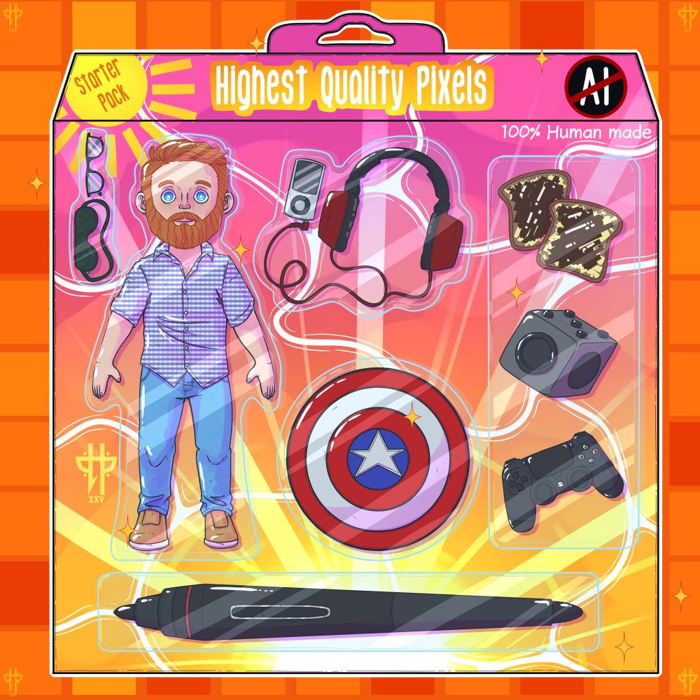 My entry for the Starter Pack No AI trend. The packaging is a pink sunset with water-like ripples through it. Clearly displayed is  HighestQualityPixels and no Ai sticker. 

Part of the pack is an illustration of myself wearing a check shirt, blue chinos and tan hi-tops. The accessories are: 

Glasses, Sleeping Mask, IPod Nano and red headphones, Marmite on Toast, a Fidget Cube, PS4 controller, Captain America Shield. Wacom Stylus.  