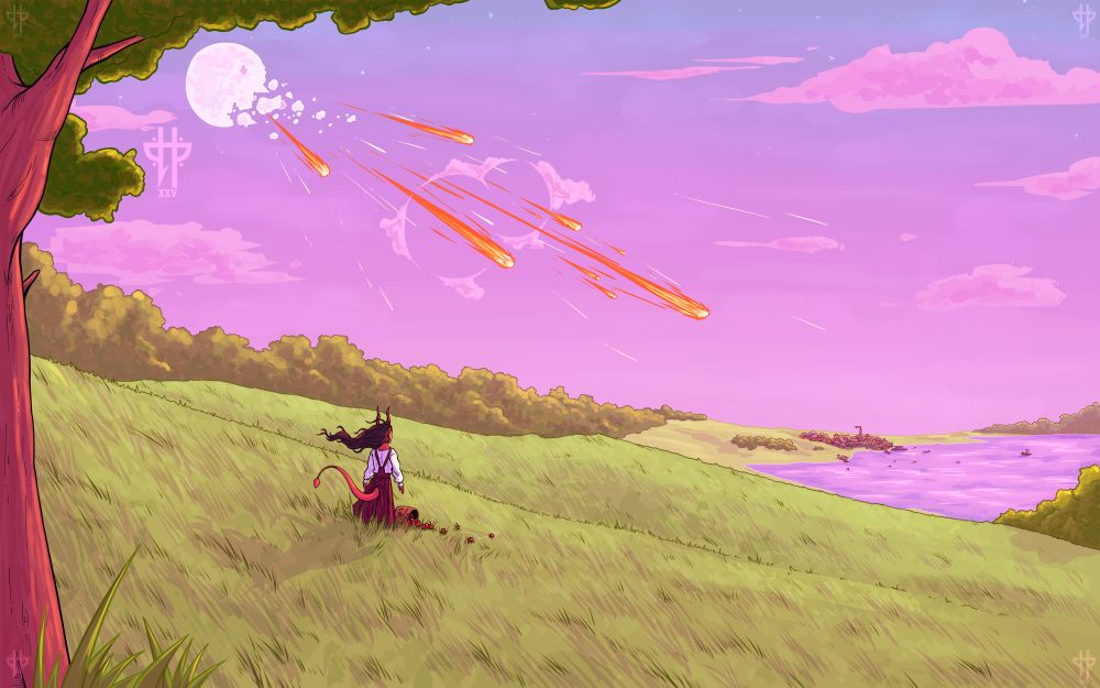 This illustration depicts the phenomenon of Crownfall from Altheya: The Dragon Empire. A tiefling woman stands on a grassy hill during the fading hours of the day. She looks down upon a nameless Ilmerian town settled upon the shore of a lake. In the sky above, chunks of Altheya’s broken moon, the Crown, fall towards the ground and the town. She has dropped her basket of apples in shock. 