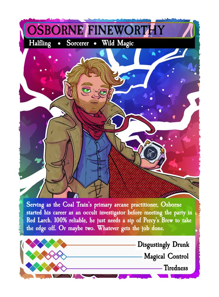 Trading card for a halfling wild magic sorcerer - Osborne Fineworthy. The info box reveals he was an occult investigator. 

Stats: 

10/10 - Disgustingly drunk.
5/10 - Magical control.
8/10 - Tiredness. 