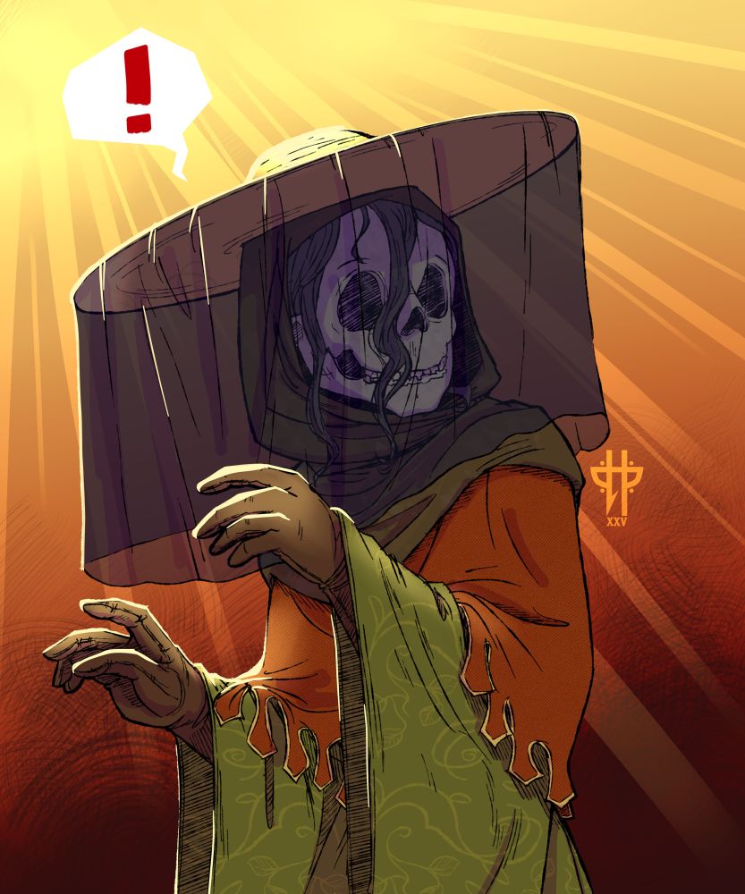 Attack on the skeleton Druid Nicodemus. He is a full undead skeleton with hair still attached to his skull. Most of his body, except for his face, is covered by green, patterned robes and a short orange cloak. A brown hood wraps wound his head. He wears a large sun hat and a black veil drapes down to obscure his face. He is draw as if he is caught off guard and surprised. 