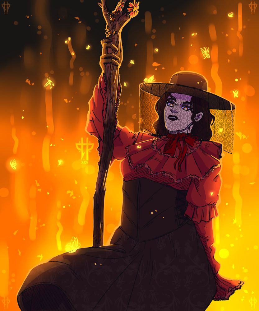 Elowyn — Reborn Wildfire Druid for u/JOJO_302. 

Elowyn has pale skin and mid to short length, black hair. She wears black lipstick and eyeshadow. On her head is a black, wide-rimmed hat with a widow’s veil covering her face. She wears a red and black dress with long flowy sleeves and a red bow around her neck. She wears black gloves. In her hand is a long staff made of out partially burnt wood. A cluster of two flowers are growing out the top — Butterfly Weed and Coreopsis. Behind her is a raging inferno. 