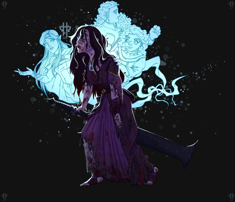 A young adult woman staggers forward dragging a hugely oversized, black metal greatsword that it looks like she can barely lift. Her ballroom dress is heavily torn and caked in blood and dirt. Her arms and feet have been wrapped with some of the scraps. She has a tried, almost broken expression on her face. Her dark hair drapes down to her lower back. 

In the background, the spirits of her friends gently console her. To her side, a female half-elf gives her words of encouragement. To the back, a young human man holds his fists up protectively. Finally behind her, a small human woman gently holds the girls shoulders, reassuringly. 

The illustration is bathed in the blue light of these spectral figures. 