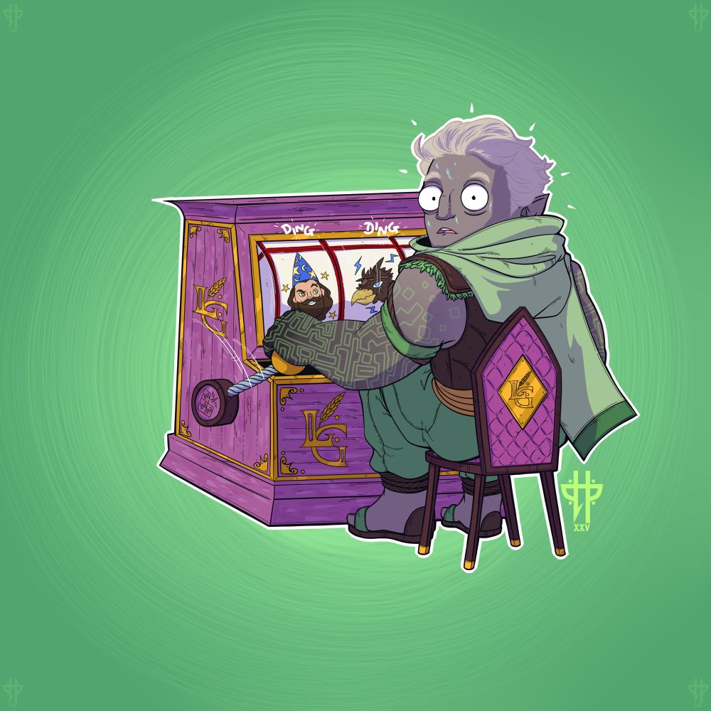 Rowan from Altheya the Dragon Empire. A half-giant man with grey skin. His arms are covered in a green, geometric pattern. He wears brown leather armour, a large green scarf, and sandals. He is sitting on a chair that is too small for him, operating a slot machine made of purple wood. The symbol of the Lavender  Gardens is upon it. 

He has a wide eyed stare as he turns to face the viewer, clearly caught in the act. 