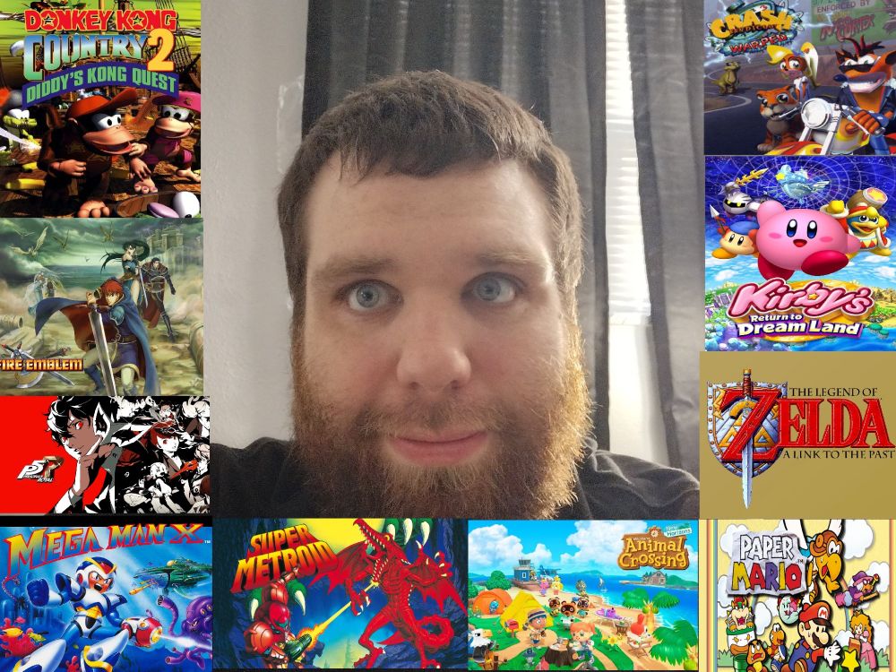 Donkey Kong Country 2: Diddy's Kong Quest, Fire Emblem, Persona 5 Royal, Mega Man X, Super Metroid, Animal Crossing: New Horizons, Paper Mario, The Legend of Zelda: A Link to the Past, Kirby's Return to Dream Land, Crash Bandicoot: WARPED