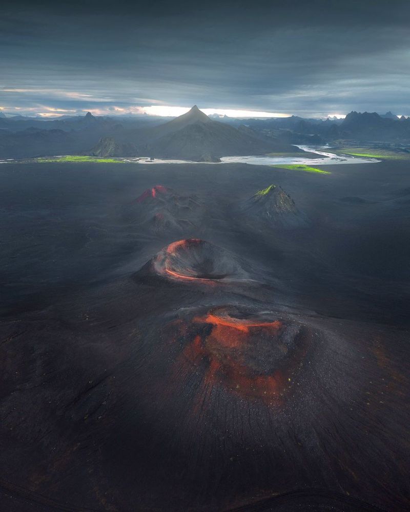 Red volcano craters aerial view , highland of iceland