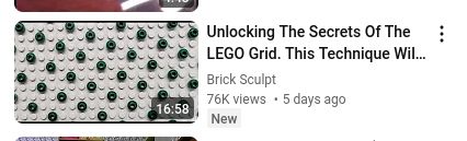 green 1x1 legos on a large white panel arranged in a knight's moves grid with the pathetically clickbait title:

"16:58
Unlocking The Secrets Of The LEGO Grid. This Technique Will Blow Your Mind.
Brick Sculpt
76K views 5 days ago"