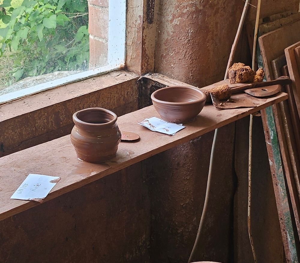 A close up of Rosie's pot and Ellie's bowl.