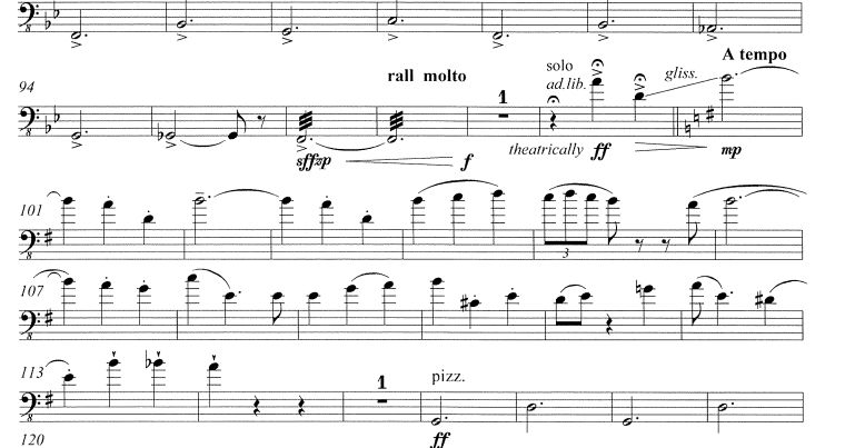 Excerpt of sheet music from Gary Carpenter's "Pantomime" - musical theatre music for the same scoring as Mozart's "Gran Partita".  The excerpt is from the final movement "Waltz - Depravity", and shows the double bass part does occasionally get an actual tune to play.  This one is quite high.