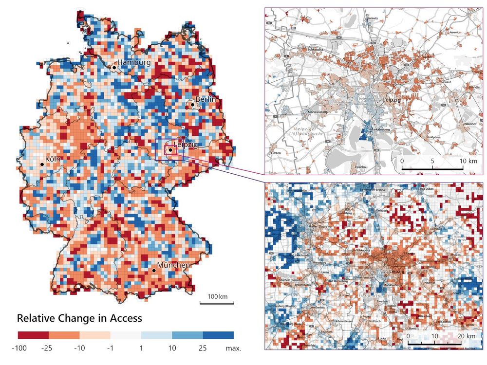Abbildung aus der Publikation. Links der Umriss Deutschlands, darin verschieden farbige Kästchen (Datenpunkte), die die relativen Veränderungen der Erreichbarkeit von Ärzten angeben. Rechts zwei Detailkarten für die Region Leipzig. Quelle: doi: https://doi.org/10.14512/rur.2278 