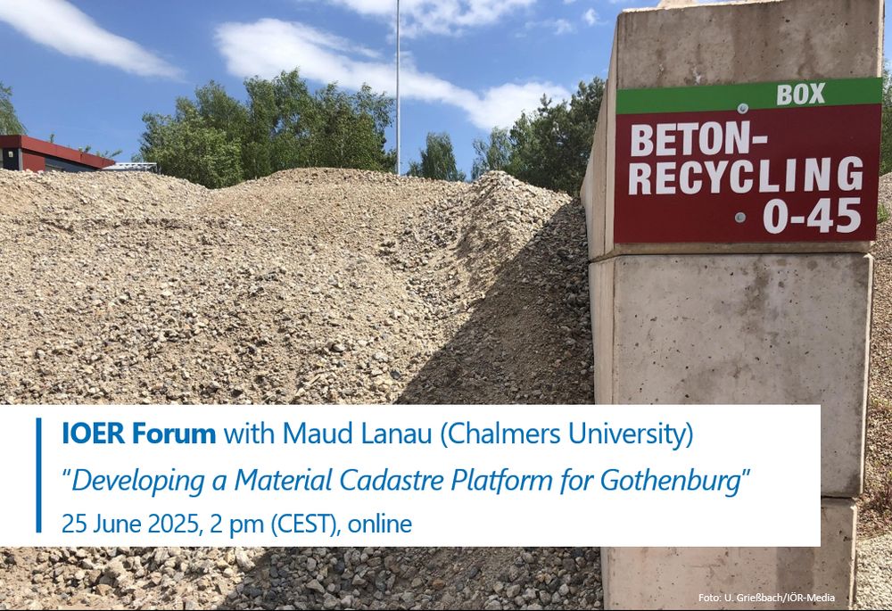 Foto eines Haufens zerkleinerten Betons. Rechts eine Betonmauer. Darauf ein Schild "Beton-Recycling 0-45". Links unten ein Textkasten "IÖR-Forum "IOER Forum with Maud Lanau (Chalmers University) "Developing a Material Cadastre Platromf for Gothenburg" 25 June 2025, 2 pm (CEST), online