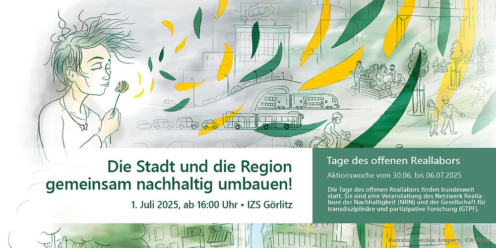  Zeichnung eines belebten Platzes in Grün- und Gelbtönen. Eine Person bläst von links bunte Blütenblätter über die Szenerie. Textbox links: Dies Stadt und die Region gemeinsam nachhaltig umbauen! 1. Juli 2025, ab 16 Uhr | IZS Görlitz; Textbox rechts: allgemeiner Erklärtext zur Aktionswoche „Tage des offenen Reallabors“. Illustration: N. Bongaerts/IÖR-Media