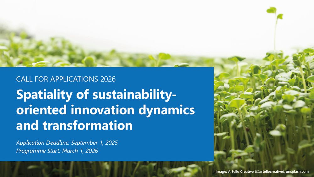 Close-up of a clover field. In the foreground, a text banner: Call for Applications 2026, Spatiality of sustainability-oriented innovation dynamics and transformation, Application Deadline September 1 2025, Programm Start March 1 2026