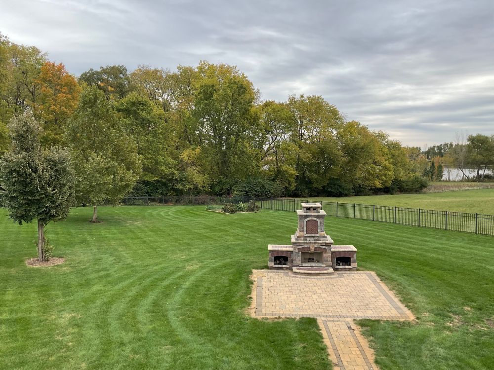 A residential backyard showing trees still mostly green on October 25, 2025. 