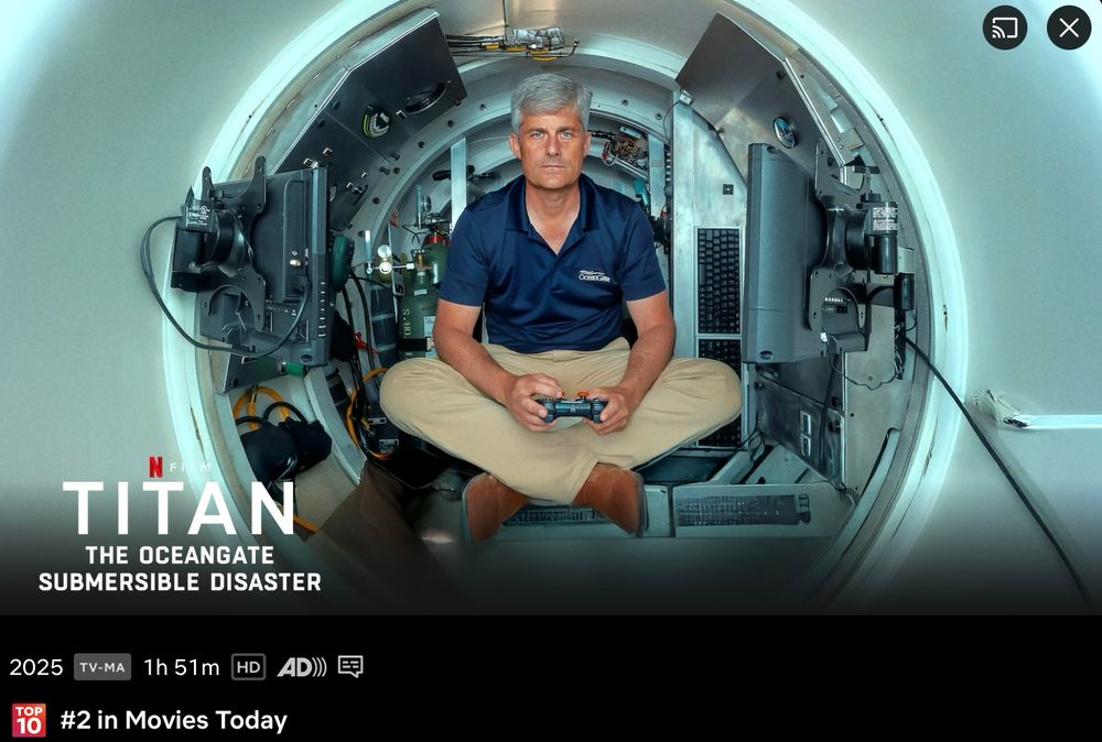 Movie poster for the film “Titan: The OceanGate Submersible Disaster” showing CEO Stockton Rush sitting inside his ill-fated submersible.