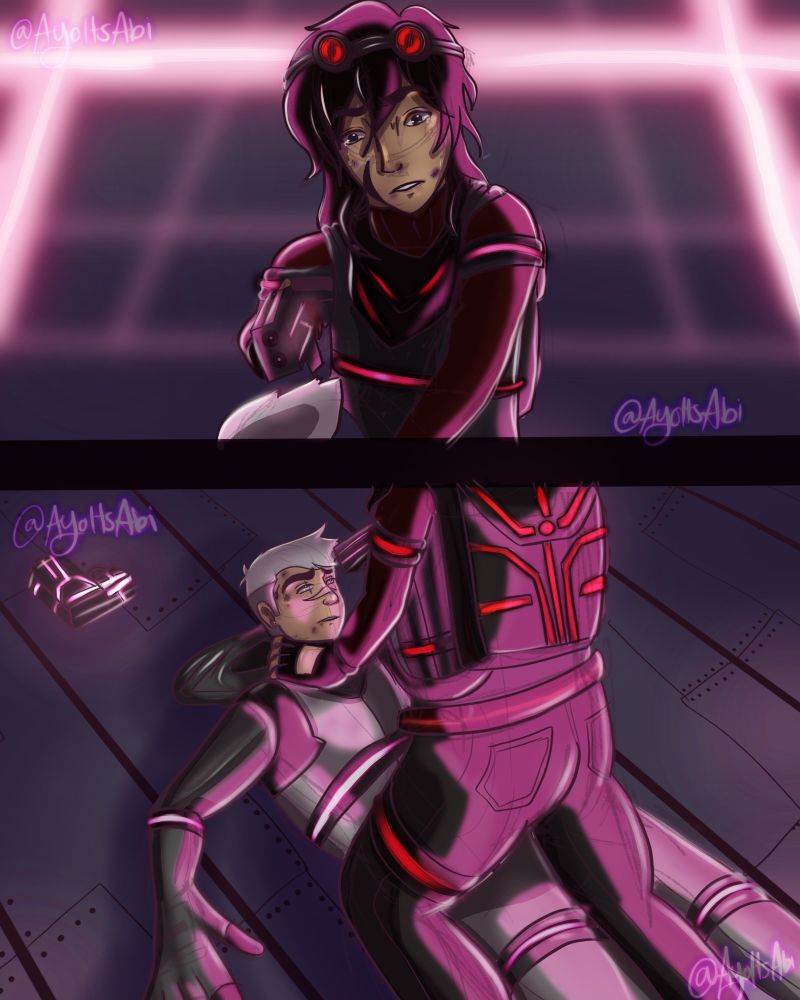 Top panel: Keith wearing a cyberpunk outfit and pointing a gun towards the viewer and is being illuminated by pink neon lights behind him

Bottom panel: Shiro wearing a cyberpunk outfit, is laying on the floor, beaten and Keith is on top of him, choking him and pointing the gun to his head, pink neon lights illuminating them