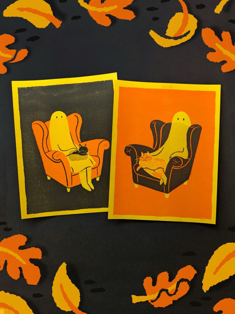 Two risograph prints of ghosts lounging in armchairs with cats, on yellow paper. Surrounding the prints are drawings of leaves.