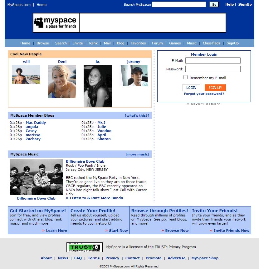 A myspace home page from 1990's.