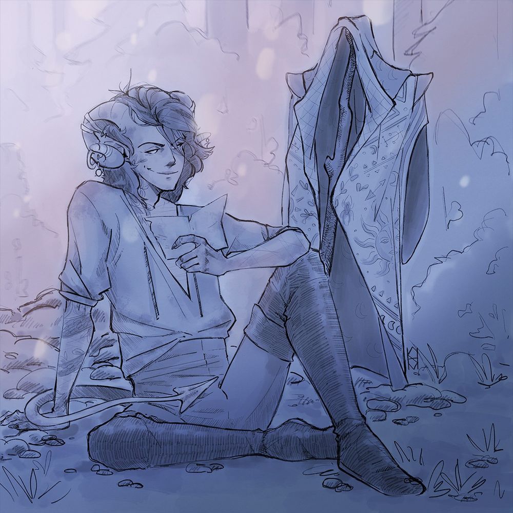 Monochrome pastel violet-blue art of Mollymauk Tealeaf from the Second Campaign of Critical Role made soon after the 26th episode. Covered in dirt, he's sitting on the ground and reading a letter with a smile. His coat is hanging on the branch next to him.