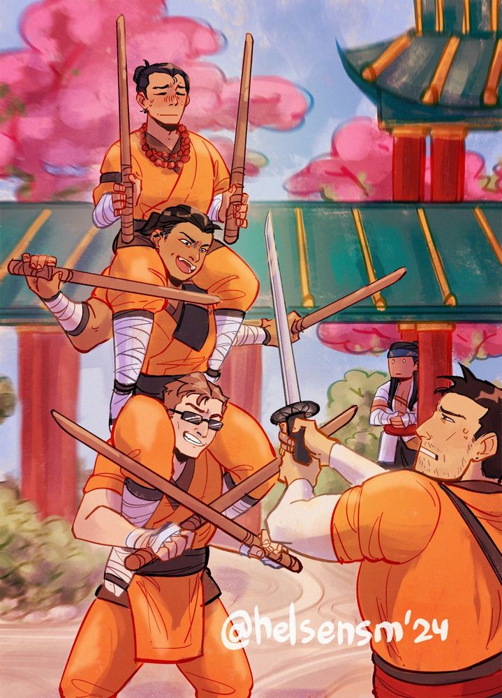 a colored meme photo redraw of Earthrealm defenders: Johnny with Kung Lao and Raiden on his shoulders, each of them are holding two practice swords, against Kenshi with a katana. Liu Kang is watching from a distance (also poor Raiden doesn't want to be here)
