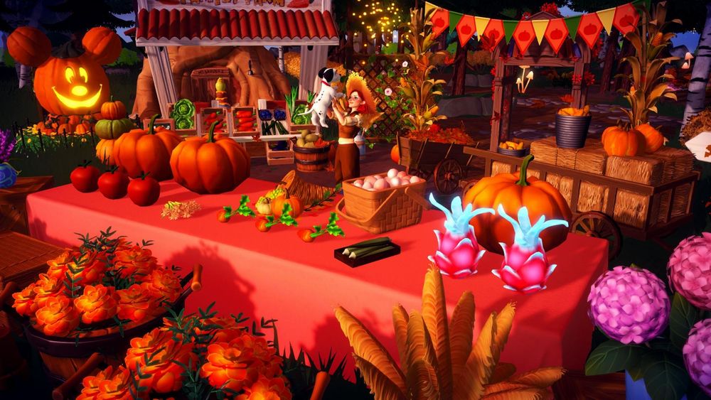 I'm holding a dalmation puppy surrounded by pumpkins, carrots and various other food while standing in front of a farmer's market! Very fall, orange vibes.