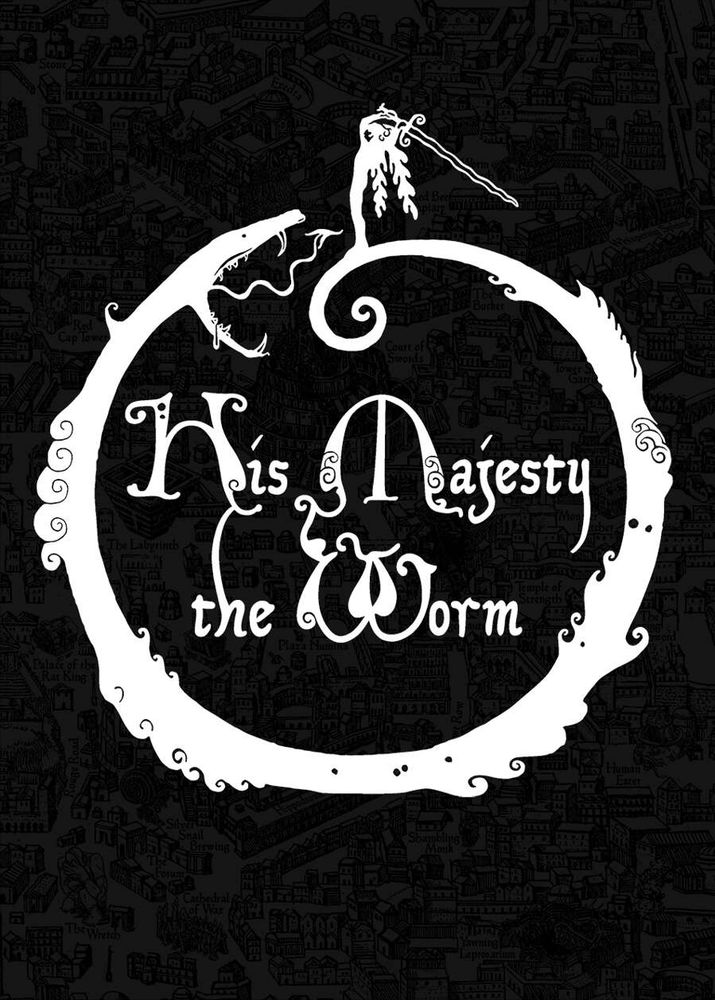 Cover of His Majesty the Worm. White outline of a dragon type creature fighting an adventurer in a circular motion with the title in the center on a black ground.