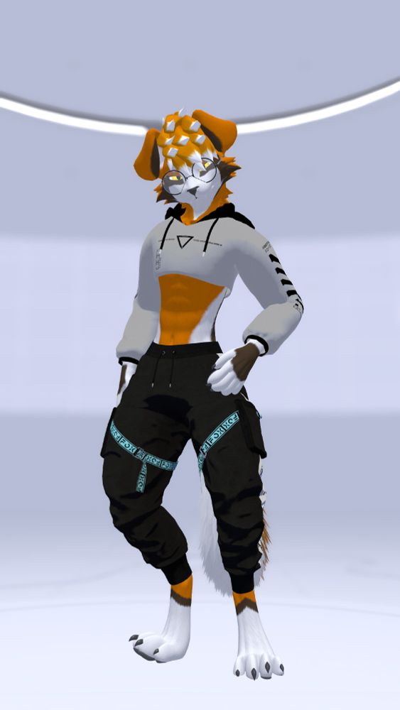 A modified Rexouium VRChat avatar that is textured to look like a red panda and a border collie mix. The world that is used in the background is arsk_lab by arsk_sbp