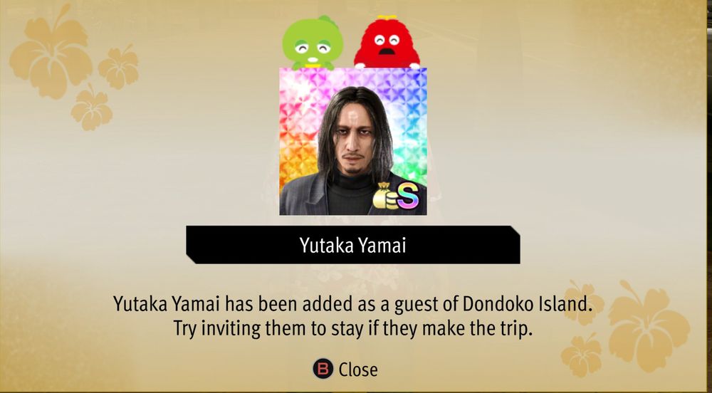A cropped screenshot from Like A Dragon: Infinite Wealth. It shows Yamai, recurring character who started out antagonistic, but then became a pretty cool ally, is available as a guest in side content where you manage a resort island.