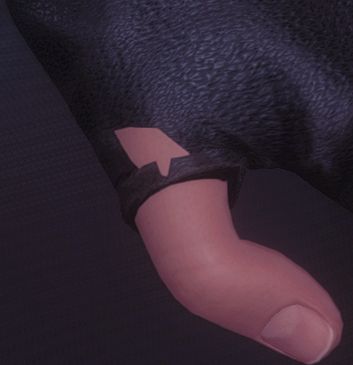 A closeup of Riol's gloved thumb. The skin of his hand is clipping through the glove. Pain. 