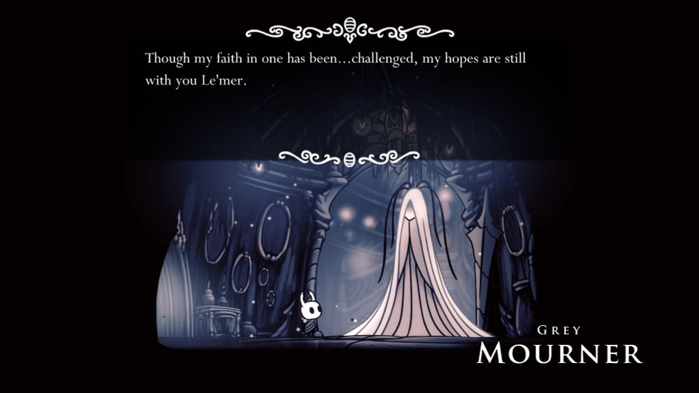 A screenshot of the Grey Mourner's dialogue after failing her quest. It reads: "Though my faith in one has been...challenged, my hopes are still with you Le'mer.

Sorry ma'am. I'm just clumsy