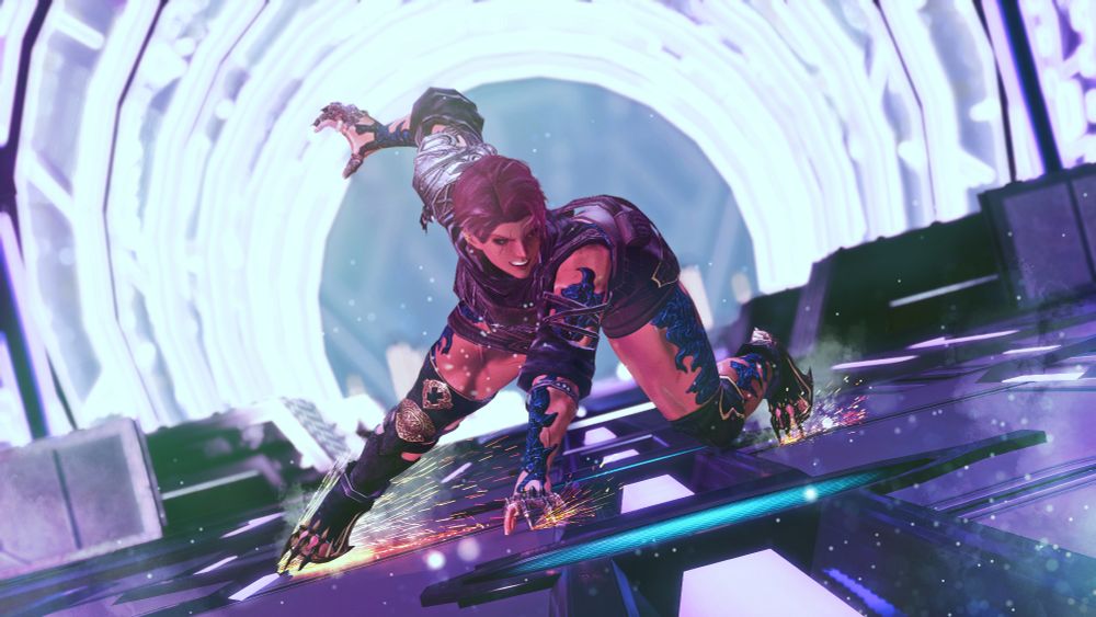 A screenshot from Final Fantasy 14. Punchy is mid-battle, skidding along the floor. Sparks fly from where her hands and feet are in contact with the ground. She seems to be enjoying herself.