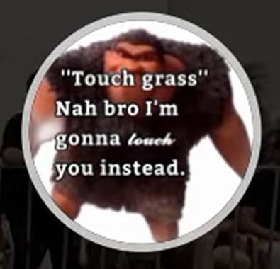 An icon of some character from a movie I suppose? The text overlayed reads:

"Touch Grass" Nah bro, I'm gonna touch you instead.