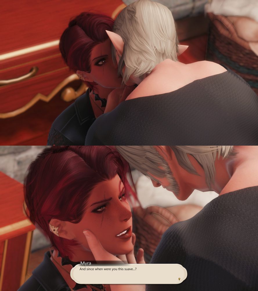 A 2 panel image of Final Fantasy 14.

The first panel shows Urianger leaning down, angling his head just so to steal a kiss from Punchy, who seems surprised.

The second panel shows Urianger having pulled back. Punchy has a wry smile on her faces. Her dialogue reads "And since when were you this suave...?"