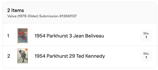 Two 1954 Parkhurst hockey cards being submitted to PSA for grading: Jean Beliveau and Ted Kennedy.