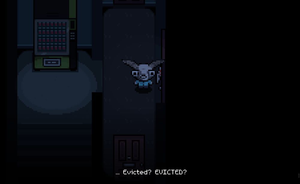 Is this image the character Moth Kubit is super worried about the eviction notice he just received at his apartment door, with the Narrator saying: "Evicted? EVICTED?"