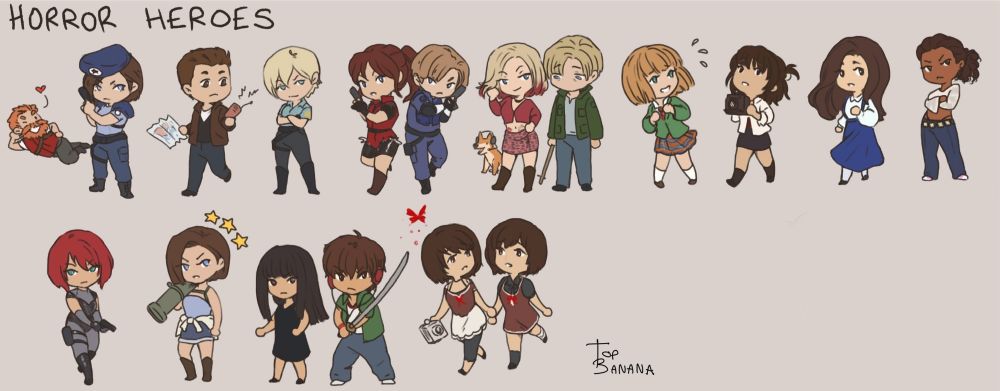 A line up of chibi fan art of horror game characters 
From left to right:
- Jill Valentine and Barry Burton from Resident Evil
- Harry Mason and Cybil Bennett from Silent Hill 
- Claire Redfield and Leon Kennedy from Resident Evil 2
- James Sunderland and Maria and dog from Silent Hill 2 
- Alyssa Hamilton from Clock Tower 3 
- Miku Hinasaki from Project Zero 
- Jennifer Simpson from Clock tower 
- Ashley Thompson from ObsCure 
- Regina from Dino Crisis
- Jill Valentine from Resident Evil 3
- Misako and Kyouya Suda from Forbidden Siren
- Mio and Mayu Amakura from Project Zero 2