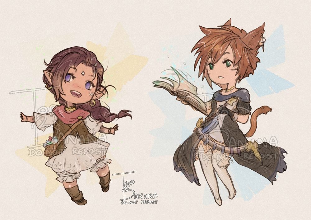 Patreon sketch Commission:
A colour chibi sketch commission of two Final Fantasy 14 characters. 
On the left is a lalafell in the starting gear, a cream ruffled dress with a leather waistcoat and red scarf. Her hair is in a braid and has a gem on her forehead. 
On the right is a Miqo'te; a cat-like person, with a short choppy haircut, holding a magic book. They're wearing a long fitted black and white cloak, that opens out at the front to show the thigh high boots.
